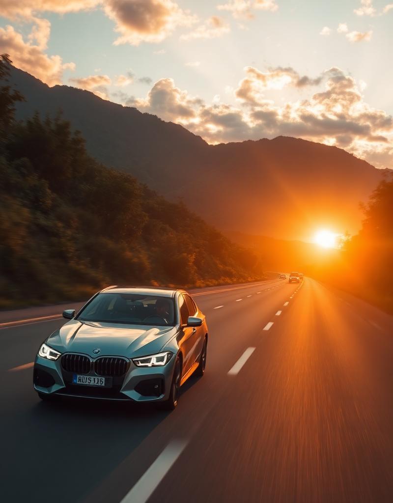 Carro em estrada ao pôr do sol