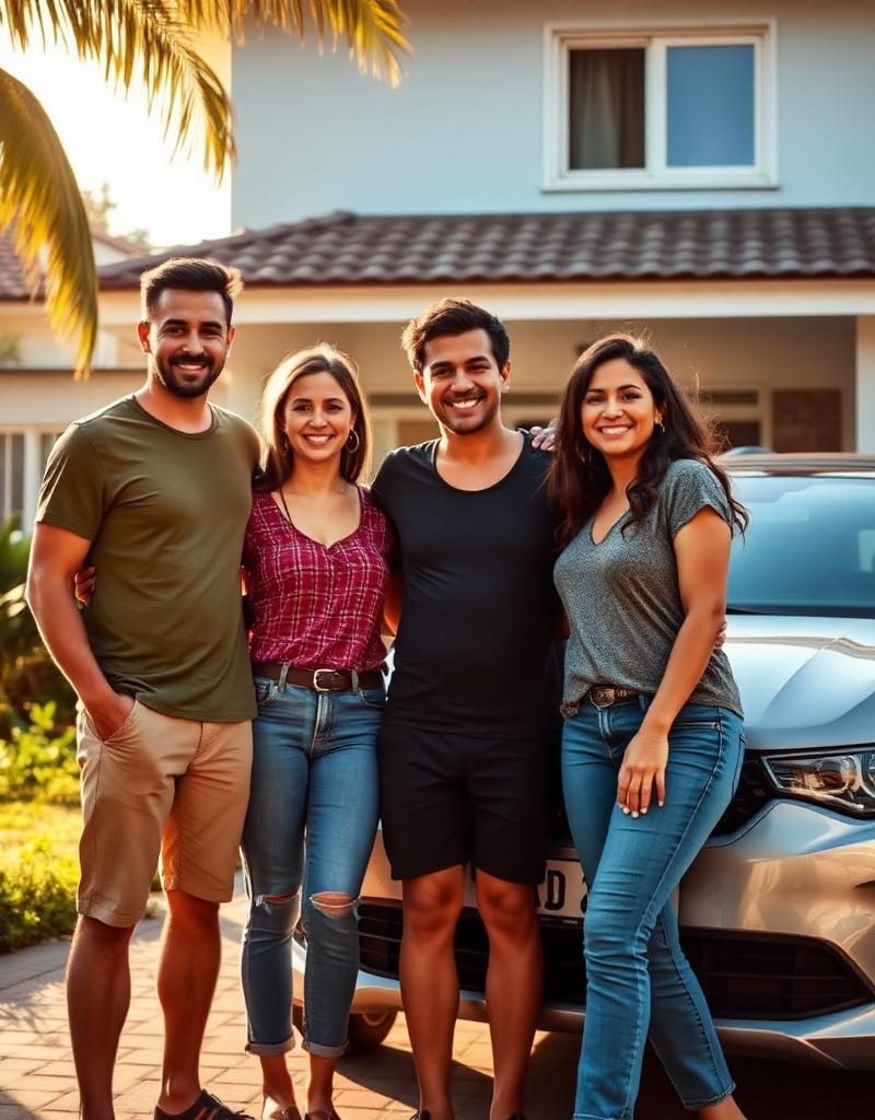 Família brasileira em frente à casa e carro